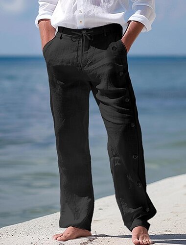  Hombre Pantalones de lino Pantalones Pantalones de verano Pantalones de playa Correa Botón lateral Pierna recta Plano Comodidad Transpirable Longitud total Casual Diario Festivos Moda Estilo clásico