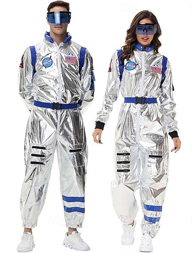  koppels astronautenkostuum jumpsuit carnavalskostuum onesie met masker groepskostuums zilveren ruimtepak voor mannen vrouwen met geborduurde patches