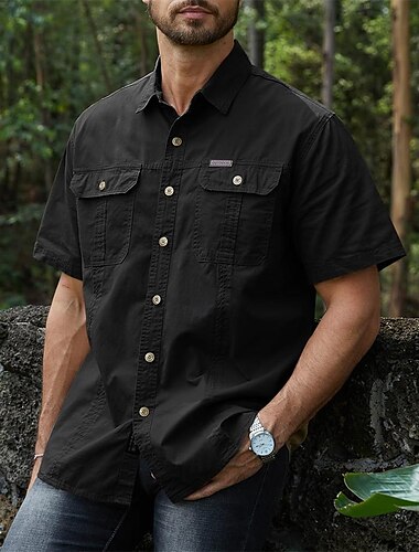  Herren Hemd Knopfhemd Lässiges Hemd Cargo-Shirt Schwarz Marineblau Königliches Blau Orange Grün Kurze Ärmel Glatt Umlegekragen Urlaub Ausgehen Button-Down Bekleidung Stilvoll Moderne zeitgenössische