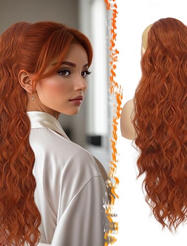  赤いポニーテールエクステンション - 26インチのドローストリングポニーテールヘアエクステンション、女性用 - 長いカールウェーブ合成クリップインフェイクポニーテールヘアピース、女の子の毎日のパーティー - 銅赤