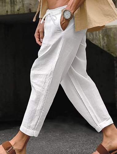  Herren Leinenhose Hose Hosen Sommerhosen Strandhose Kordelzug Elastische Taille Gerade geschnitten Glatt Komfort Atmungsaktiv Casual Täglich Festtage Modisch Klassicher Stil Schwarz Weiß