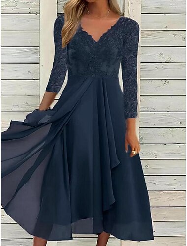  Жен. Кружевное платье Платье средней длины Шифон Кружева Пэчворк Свидание Отпуск Уличный стиль На каждый день V-образный вырез Рукав 3/4 Синий Зеленый Цвет