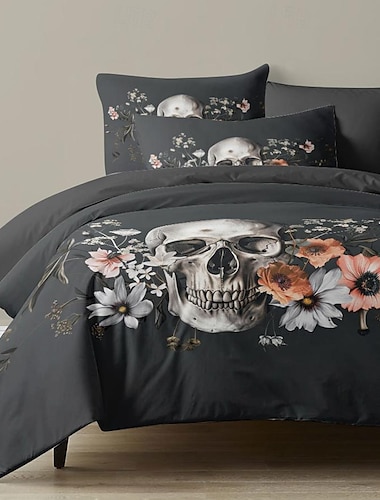  Halloween-Bettbezug-Set mit Totenkopf-Blumenmotiv – enthält Bettbezug und Kissenbezüge – gruseliges und festliches Design – weicher und bequemer Stoff – perfekt als Halloween-Heimdekoration