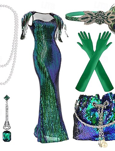  Rugido 20s 1920s Vestido Cóctel Vestido Flapper Vestidos Accesorios El gran Gatsby charlestón Invitado a la boda Lentejuelas Borlas Pluma Mujer Año Nuevo Mascarada Víspera de Todos los Santos Fiesta
