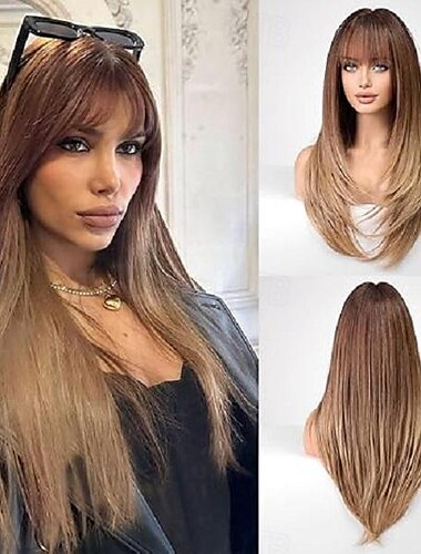  Lang ombre blond paryk til kvinder lige syntetisk lagdelt paryk med pandehår Halloween cosplay fest parykker