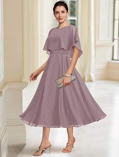  Strand Bruiloft A-Lijn Moeder van de Bruid Jurk Elegante Juweel Hals Theelengte Chiffon Halve Mouw met Kant 2025 gratis op maat