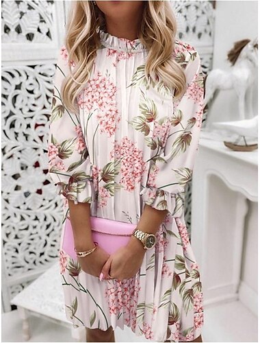  Damen Freizeitkleid Blumen Rüschendruck Stehkragen Minikleid Stilvoll Casual Täglich Date Langarm Herbst