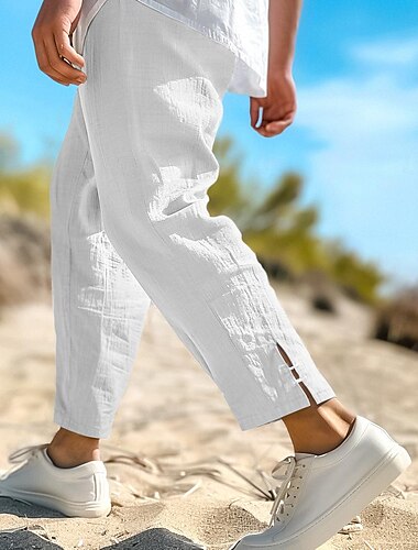 Herren Leinenhose Sommerhosen Abgeschnittene Hose Strandhose Kordelzug Elastische Taille Glatt Komfort Atmungsaktiv Wadenlänge Casual Täglich Festtage Modisch Klassicher Stil Schwarz Weiß