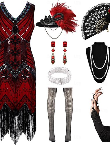  Rétro Vintage Années Folles Années 1920 Robe Charleston Tenues Ensemble d'accessoires Bijoux de tête Collier de Perles Gatsby le Magnifique Fille Flapper Invité au mariage Paillettes Frange à pompons