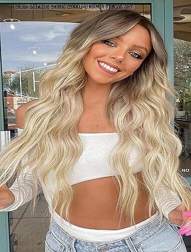  Blonde Peruc voor Vrouwen Lange Golvende Peruc met Donkere Wortels 26 Inch Midden Deel Synthetische Vezel Haar voor Dagelijks Feestgebruik Halloween Perücken