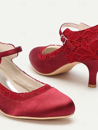  Damen Absätze Retro Abendschuhe Mary Jane Hochzeit Party Täglich Schnalle Band-Bindung Spitze Stöckelabsatz Runde Zehe Elegant Spitze Satin Schnalle Wein Schwarz Elfenbein