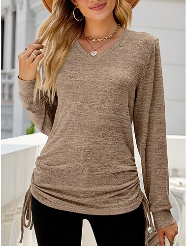  Damen T-Shirt lässig einfarbig langarm lang Oberteile V-Ausschnitt Alltag schwarz blau braun grau Frühling Herbst