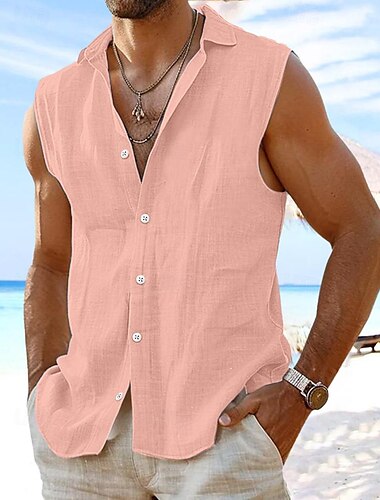  Herren Hemd leinenhemd Sommerhemd Strandbekleidung Knopfhemd Glatt Urlaub Curise Weiß Rosa Leicht Blau Ärmellos Kragen Sommer Frühling Bekleidung