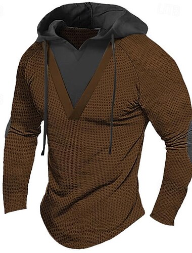  Herren T Shirt Waffelstrick T-Shirt T-Shirt Langarmshirt Langarm Mit Kapuze Frühling & Herbst Farbblock Mode Designer Basic Patchwork Urlaub Straße Ausgehen Dunkelbraun Schwarz Weiß Top T-Shirt für