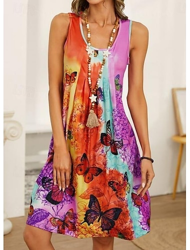  Damen Mini Kleid Petite Kleid T-Shirt Kleid Tee Kleid Shift Kleid Trägerkleid Bohemia Stilvoll Sexy Urlaub Lässig Strand Regulär Passform Floral Ärmellos U-Ausschnitt Bunt Helllila Lila
