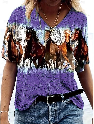  Damen T-Shirt lässig Pferdedruck Kurzarm normale Oberteile V-Ausschnitt Alltag blau lila grün Sommer