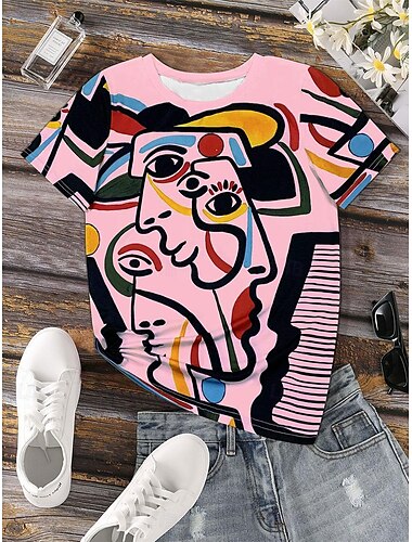  Damen T-Shirt stylisch lässig Print Kurzarm Normal Oberteile Rundhalsausschnitt Alltag Weiß Rosa Blau Sommer