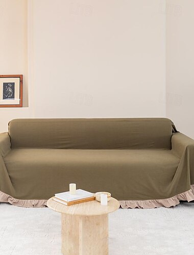  Primaloft Sofadecke Vollbezug reine Baumwolle Unifarbe nicht verblassend Sofahandtuch Sofabezug mit Rüschen