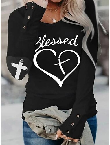  Lustiges Valentinstag-T-Shirt für Damen, modisches Herz-Buchstaben-Oberteil, normale Passform, Langarm, Rundhalsausschnitt, Druck, normale Passform, Valentinstag, Wochenende, Schwarz, Weiß, Rosa,