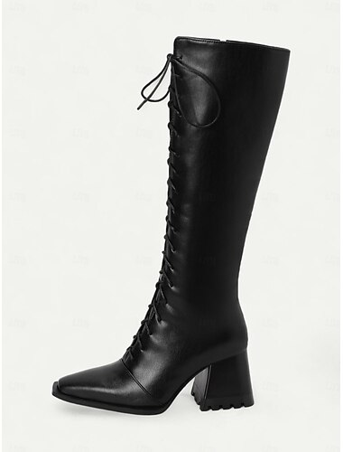  Damen Vintage schwarz-weiß karierte kniehohe Schnürstiefel mit Blockabsatz für lässige Herbst- und Wintermode