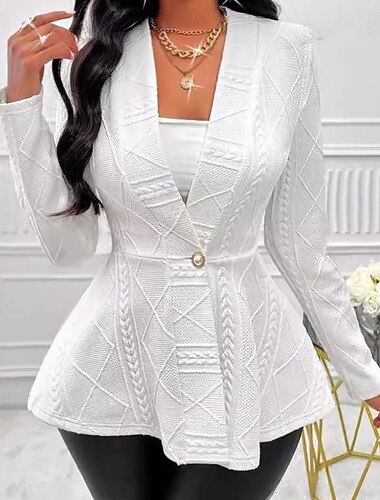 Damen Blazer Sakko B¨¹ro Tiefes V Rüsche Feste Farbe warm halten Modisch Regular Fit Oberbekleidung Langarm Frühling Weiß S