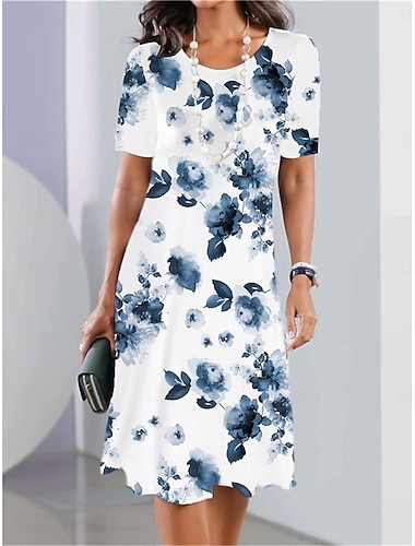 Dames Halflange jurk Casual jurk T shirt jurk Hemdjurk Zomerjurk Elegant Stijlvol Formeel Vakantie Werk Casual Normale pasvorm Bloemig Korte mouw Strakke ronde hals Zwart en Wit Rood blauw Paars