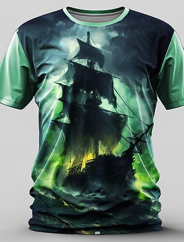  Voor heren Schip T-shirt Korte mouw T-shirt 3D-afdrukken Strakke ronde hals Overhemd Retro vintage Casual Street Style Buitensporten Feestdagen Uitgaan Paars Groen Lente zomer Kleding S M L XL 2XL 3XL