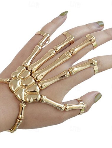  Halloween Totenkopf Skelett Handarmband mit Fingerring Kette Gothic Knochengelenk Schmuck Accessoire Geschenk