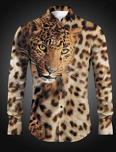  Herren Leopard Knopfhemd Bedruckte Hemden Langarm Brautkleider schlicht Party Täglich Festtage Herbst Winter Frühling Sommer Hemden mit Kragen Knopf Bedruckt Gelb Blau Purpur Braun Grau