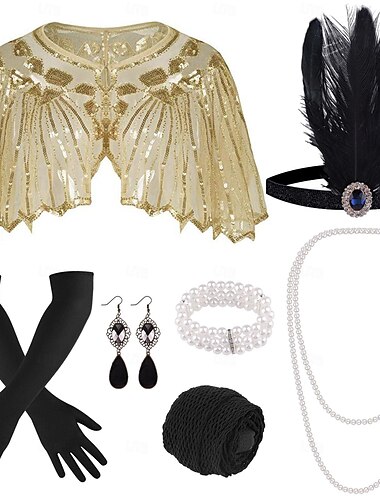  Retro vintage Roaring jaren '20 Jaren 1920 Outfits Jaren '20 flapper hoofdband Accessoireset Hoofddeksels Parelketting The Great Gatsby Flapper Girl Bruiloftsgast Pailletten Veer Dames Evenement