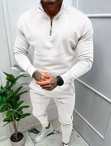  Voor heren Trainingspak sweatsuit Sweatshirt met kwartrits Abrikoos Zwart Wit Rood Lichtgrijs Opstaande boord Effen 2-stuks Sport & Outdoor Dagelijks Feestdagen Streetwear Basic Casual Herfst winter