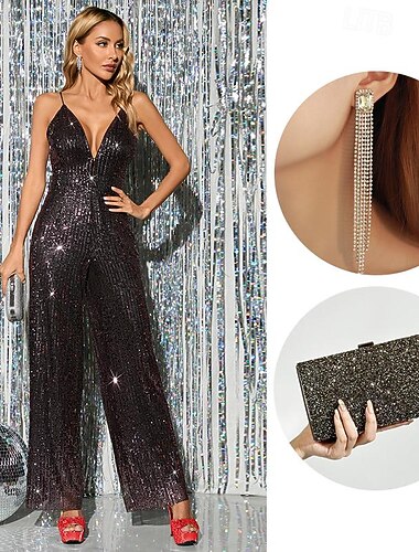  Loucos anos 20 Anos 20 Até o Tornozelo Roupa Vestido Coquetel Macacão Sem Mangas O Grande Gatsby Convidado do casamento Paetês Franjas Decote V Fantasia Mulheres Natal Carnaval Baile de Máscaras