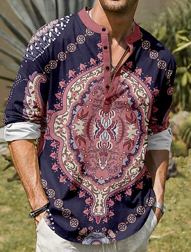  南西部の印刷物 ハワイアン リゾート 男性用 ヘンリーシャツ 長袖 パーティー アウトドア ビジネス、式典、結婚式 夏 春 秋 折襟 ブルー グレー ポリエステル