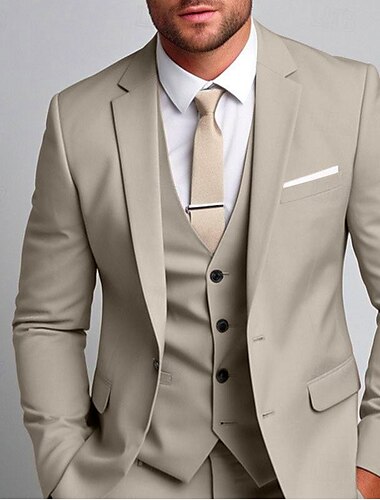 Trajes de boda para hombres caqui claro negocio diario color sólido talla grande 3 piezas de un solo botón de dos botones