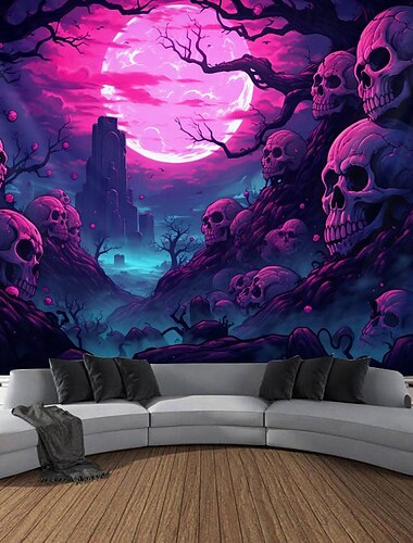  Halloween Totenschädel Schwarzlicht Wandteppich UV-reagierend Leuchtet im Dunkeln Nebeliger Friedhof hängender Wandteppich Wandkunst Wanddekor für Wohnzimmer Schlafzimmer