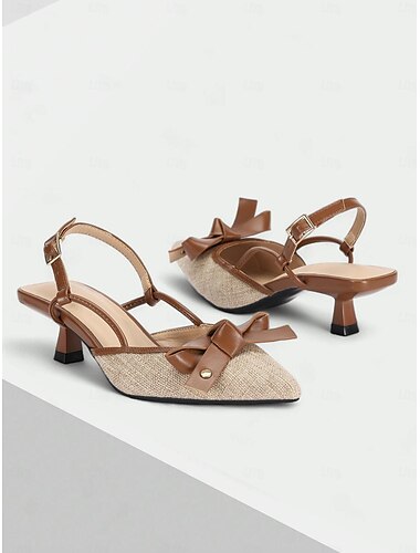  Slingback dames hakken met puntige neus - bruin leer en beige canvas kitten heel schoenen met strikdetail, perfect voor kantoor, feesten en vrijetijdskleding