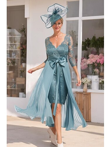  Robe mère de la mariée en deux pièces Formelle Invitée de mariage Élégante décolleté en V détachable Longueur au genou Chiffon Dentelle Manches 3/4 avec nœud(s) 2025 taille personnalisée gratuite