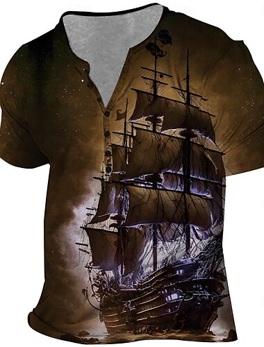  Herren Schiff T Shirt Kurzarm 3D-Druck Vintage Modisch Übertrieben Party Täglich Sommer Frühling Herbst Blau Braun Grün Grau Henley-Kragen Henley T-Shirt