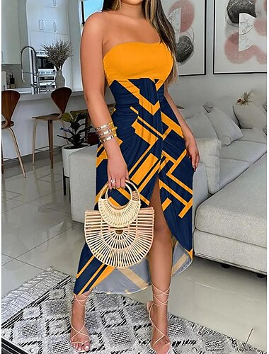  Damen Midikleid Casual kleid Etuikleid Formelle Kleidung Sommerkleid Stilvoll Sexy Urlaub Verabredung Regular Fit Blumen Geometrisch Farbblock Ärmellos Trägerlos Gelb Königliches Blau Orange Sommer