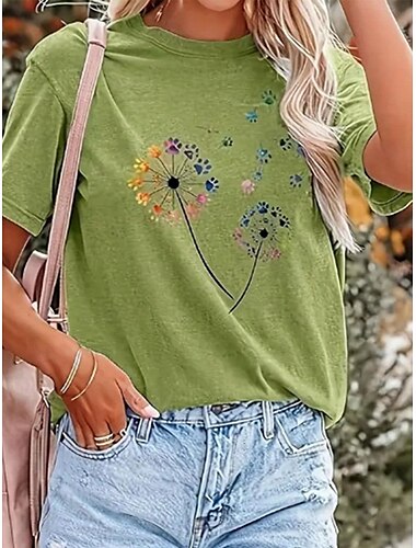  Damen T Shirt Blumen Löwenzahn Modisch Brautkleider schlicht Kurzarm Rundhalsausschnitt Normale Oberteile Täglich Bedruckt Grün Sommer
