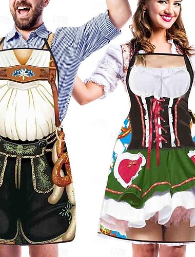  Pärchen 2-teiliges Oktoberfest-Schürzen-Set Oktoberfest-Party-Pärchen-Dirndl mit verstellbaren Bindeseilen Kochen Gartenarbeit Grillen Backen Lustige Kostüme München Wiesn Halloween Karneval