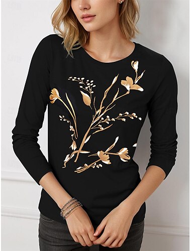  Damen T Shirt Blumen Modisch Basic Langarm Rundhalsausschnitt Normale Oberteile Casual Wochenende Bedruckt Schwarz Frühling & Herbst