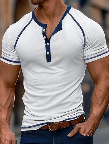  Herren T Shirt Henley Shirt T-Shirt Farbblock Vintage Henley Strasse Urlaub Kurzarm Taste Bekleidung Modisch Designer Basic