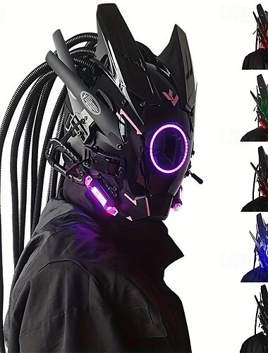  máscara cyberpunk máscara luz redonda ala trenza festival de música máscara de luz led cosplay
