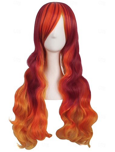  28 Zoll/70 cm schöne lange gewellte Harajuku-Style-Cosplay-Perücke (Regenbogenfarbe) Halloween-Perücken