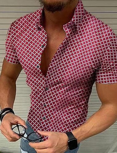  Herren Geometrische Muster Gitter Hemd Kurzarm Designer Strand Design Casual Sommer Umlegekragen Bedruckt Schwarz Weiß Rote Blau Grün