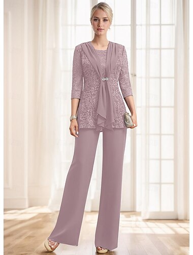  Kombinezon w kształcie litery A  garnitur 3-częściowy matki panny młodej elegancka vintage party dekolt zwisający dekolt bateau dekolt jubilerski długa do podłogi szyfonowa koronkowa bez rękawów