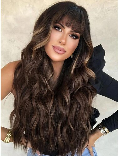  ويج بني ذو غرة للنساء، شعر طويل متموج، ويج بني مميز، ويج مجعد متموج صناعي للفتيات للاستخدام اليومي وحفلات الهالوين
