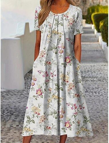  Damen Midikleid mit Rosen-Blumenmuster und Tasche, Rundhalsausschnitt, stilvoll, für Dates, Urlaub, kurze Ärmel, Sommer