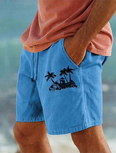  kokosová palma pánské kraťasy z 10% lnu letní havajské kraťasy plážové kraťasy potisk šňůrka v pase prodyšný měkký krátký ležérní každodenní dovolená streetwear